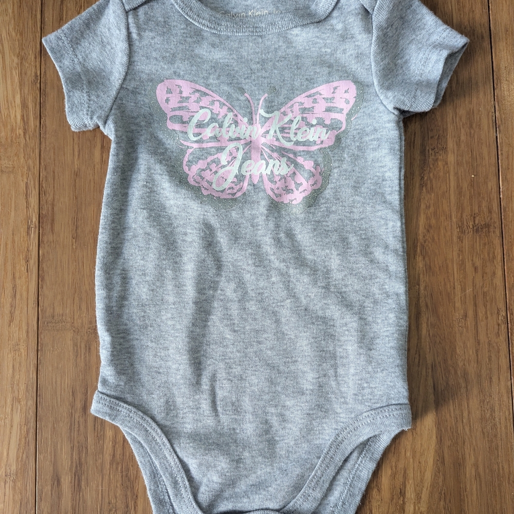 Calvin Klein Jeans Gray and Pink Butterfly Baby girl bodysuit